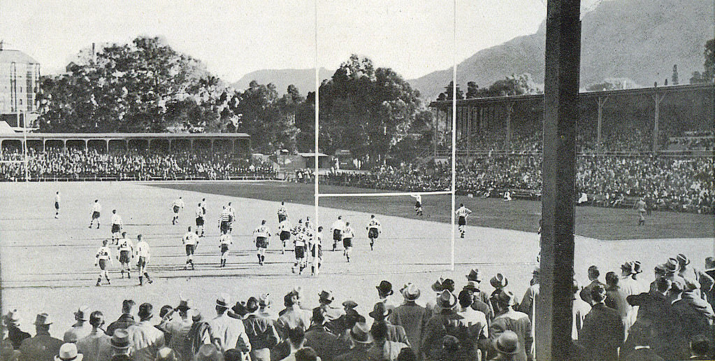 Newlands after the war, showing the South stand left and the Main stand right.The game in progress is between Province and Transvaal.