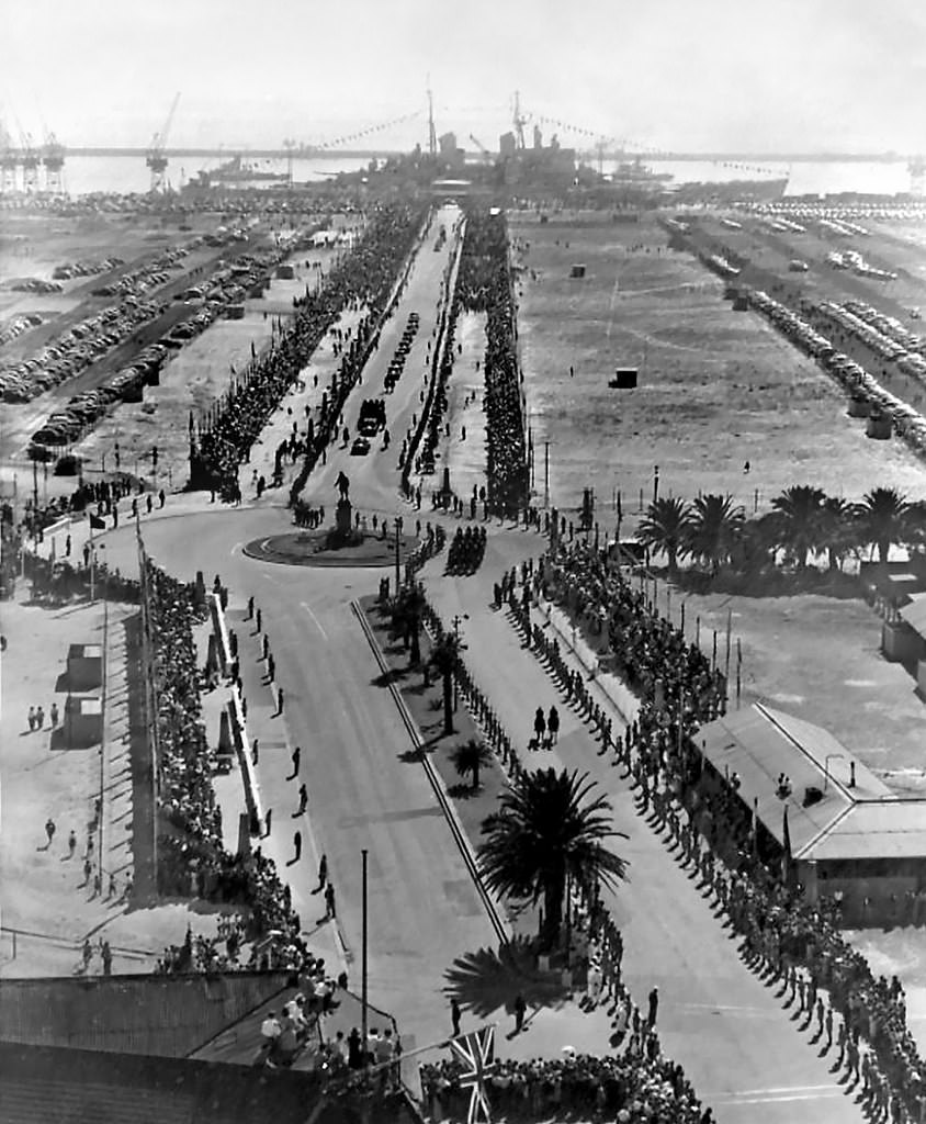 The Royal cavalcade in its way from HMS Vanguard to the City Hall, 1948