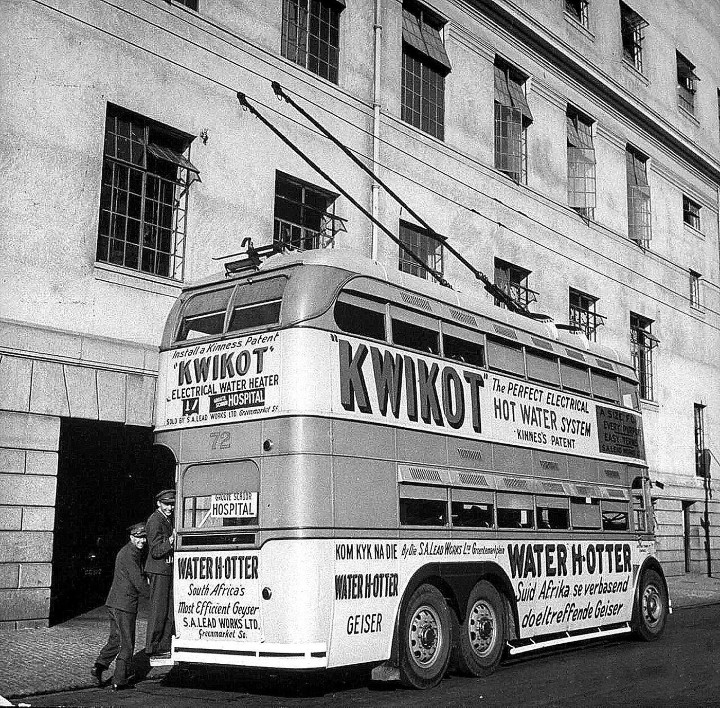 Cape Town trolleybus no 72. This vehicle was part of a series of 71 three axle Sunbeam MS2s with Weymann bodywork, 1943