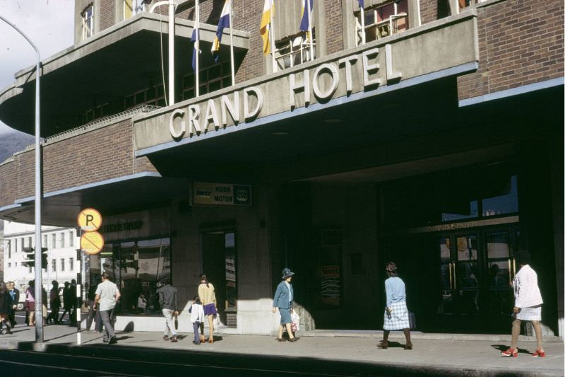 People walking past Grand Hotel in Cape Town, 1960s