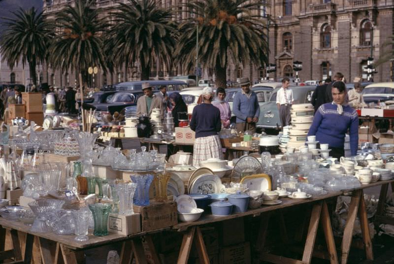 Glassware and dishes for sale at Cape Town market, 1960s