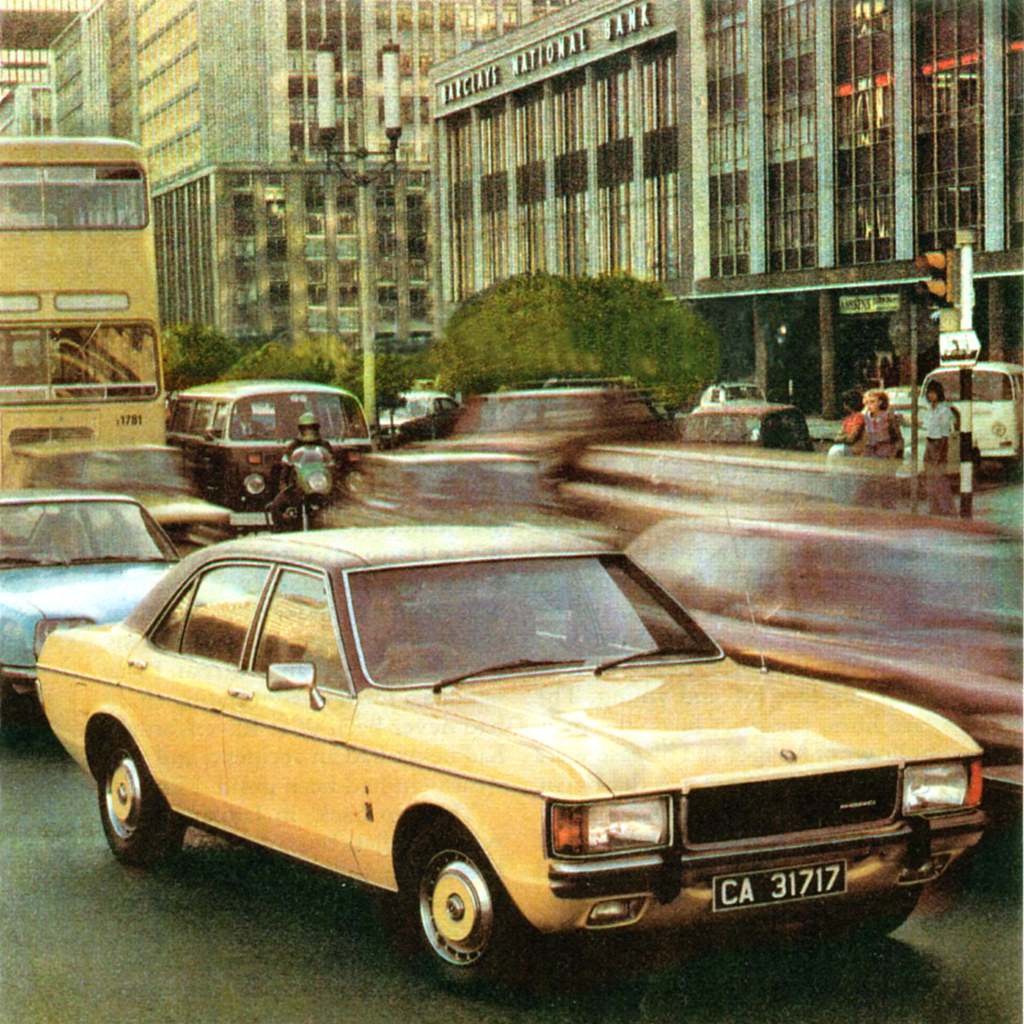 New car ad, 1977. The new Ford Granada in the Heerengracht during rush hour.