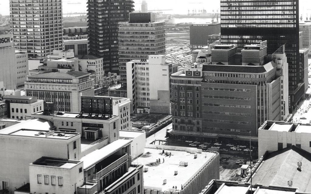 City centre 1974. The Old Mutual Centre site being readied (between Woolworths and Garlicks) as well as Shell House on the site of the Metro cinema.