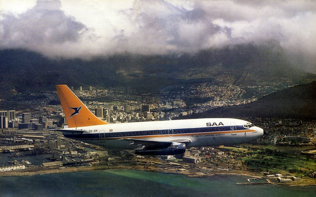 SAA over Granger Bay, 1985. The Boeing 737, Olifants, of the South African Airways makes a low pass over Granger Bay.