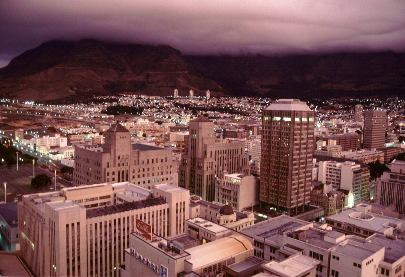 Aerial view at dusk of the downtown central business district of the city of Cape Town, 1985