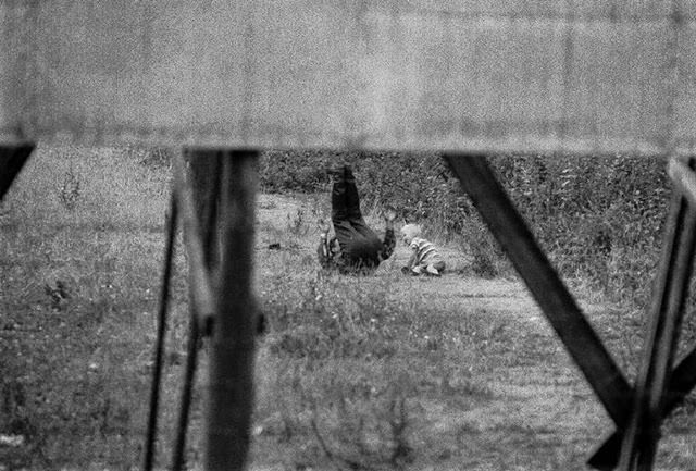 A boy playing with an East German guard behind a barbed wire fence along the border between East and West Berlin. The soldier is lying in the grass and performing gymnastics while the young boy watches him.