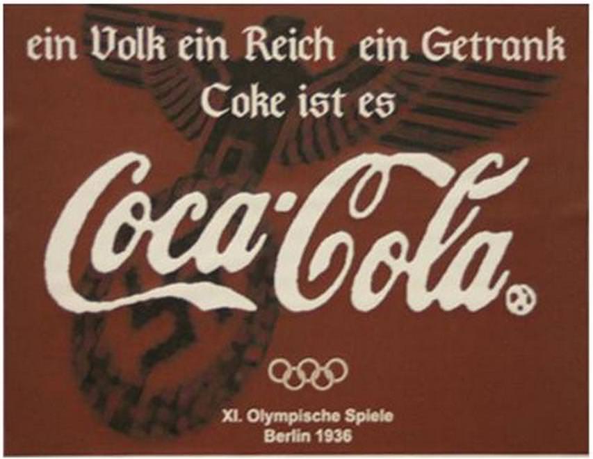 Ein Volk, Ein Reich, Ein Getrank (One People, One Nation, One Drink). Olympic Games in Berlin, 1936.