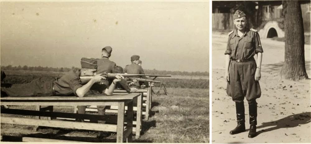 Hoecker, lying on a wooden platform about the height of a table, shoots a rifle. Right: Hoecker in his summer uniform.