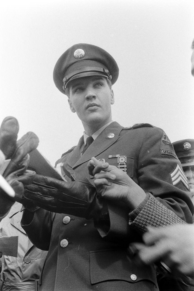 Elvis Presley at Fort Dix, New Jersey, shortly before his discharge from the U.S. Army, March 1960.