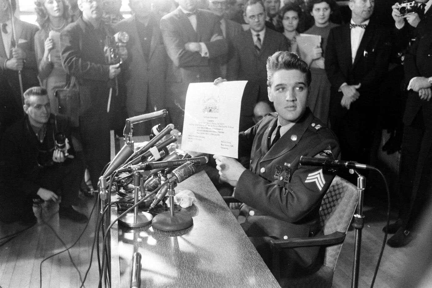 Elvis Presley at Fort Dix, New Jersey, shortly before his discharge from the U.S. Army, March 1960.