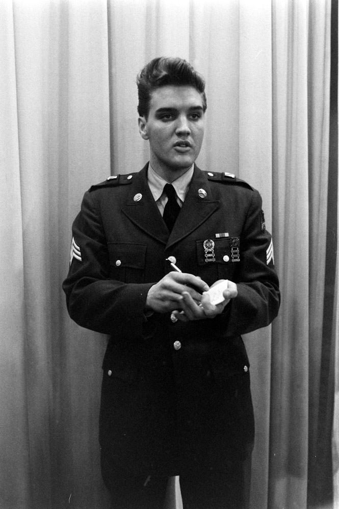 Elvis Presley at Fort Dix, New Jersey, shortly before his discharge from the U.S. Army, March 1960.