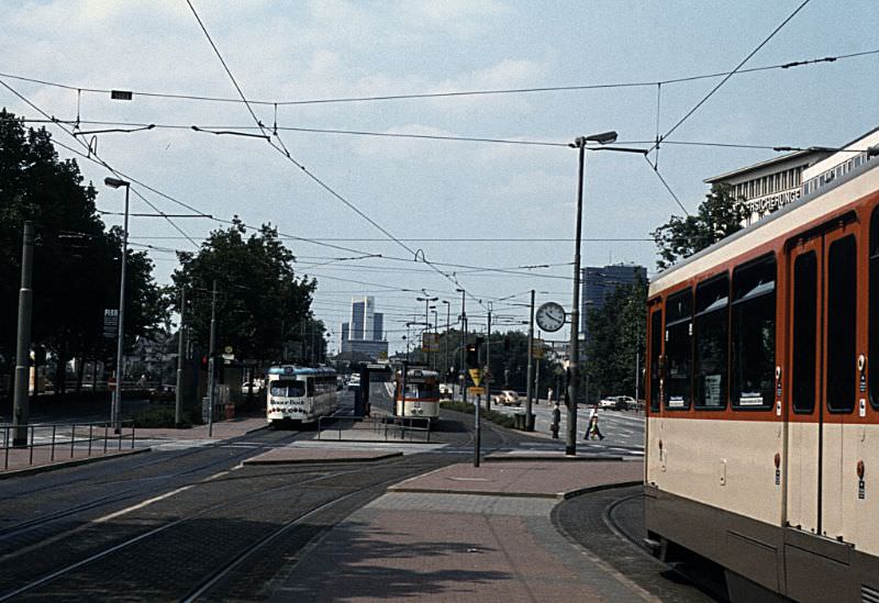Frankfurt M and N series articulated trams in central Frankfurt, July 11, 1982