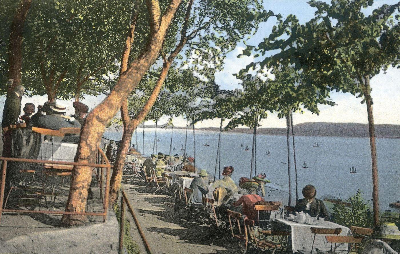 View of the river Elbe from the restaurant at the Suellberg in Hamburg, Germany, 1890s