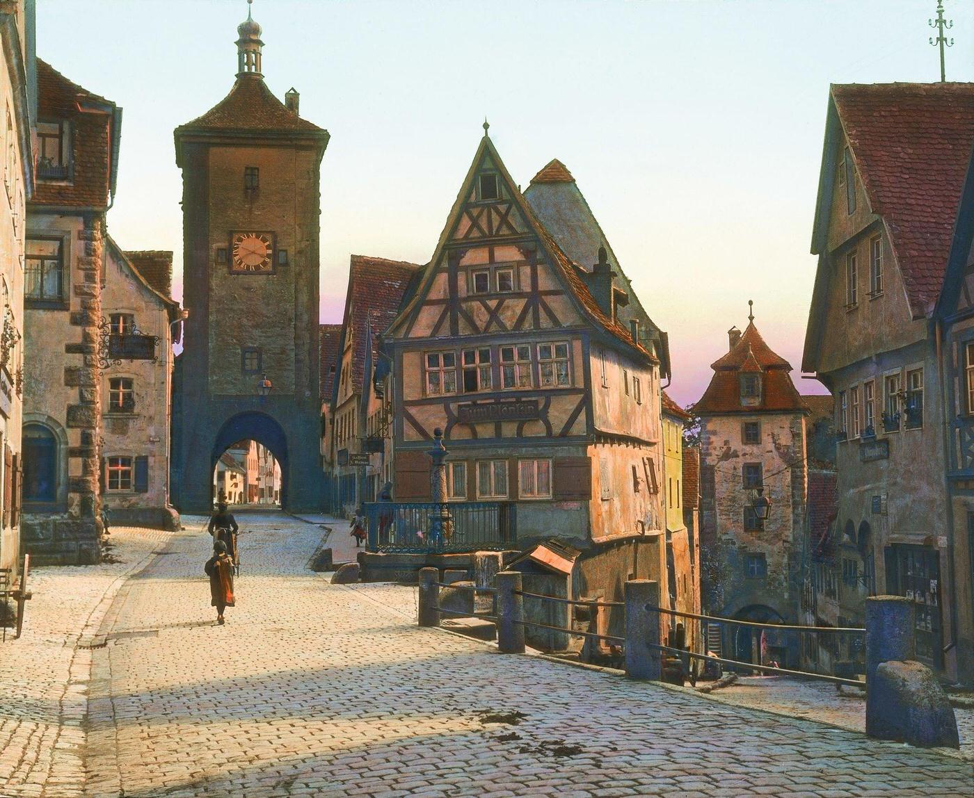 Rothenburg ob der Tauber city gates "Sieberstor" and Kobolzellertor in Bavaria, Germany, 1890s
