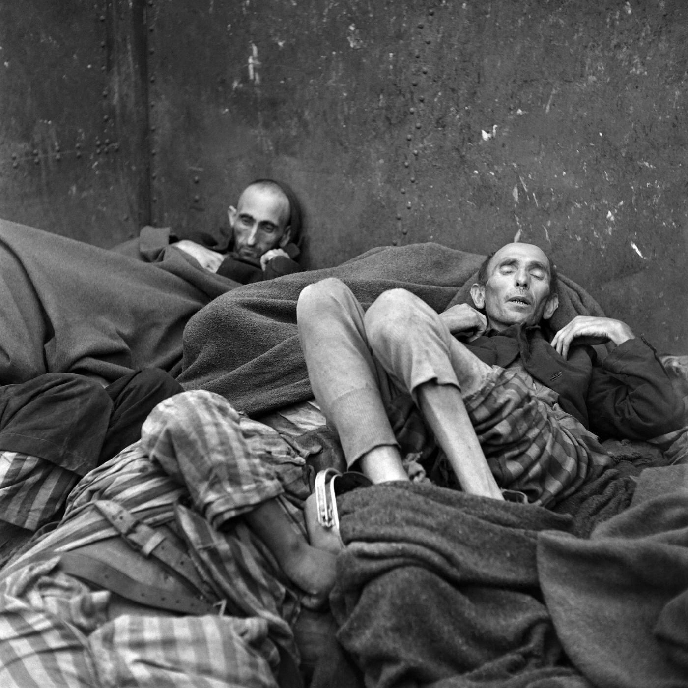 Prisoner's dead bodies stacked in a train near Dachau concentration camp after its liberation by the US Army in late April or early May 1945.