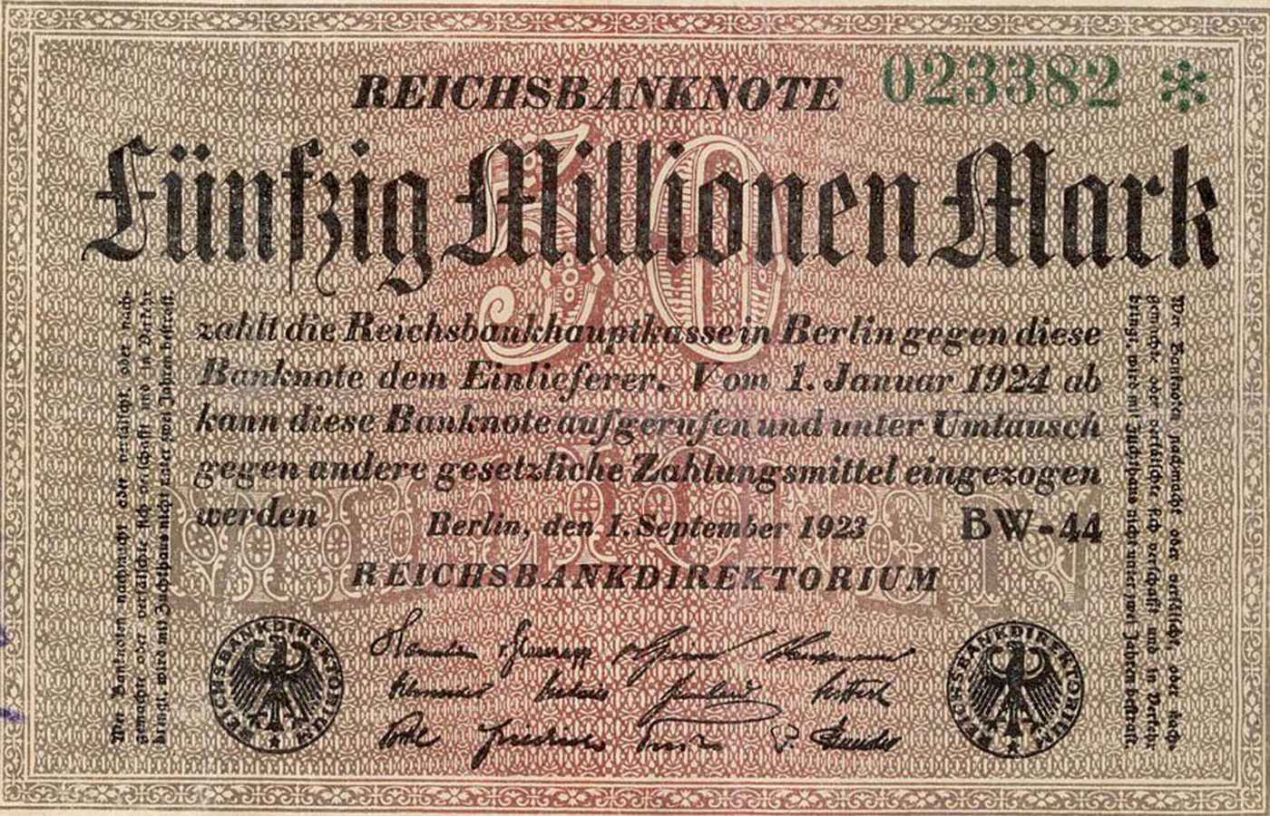 Fifty million Reichsmark banknote during Weimar Germany's hyperinflation, 1923.