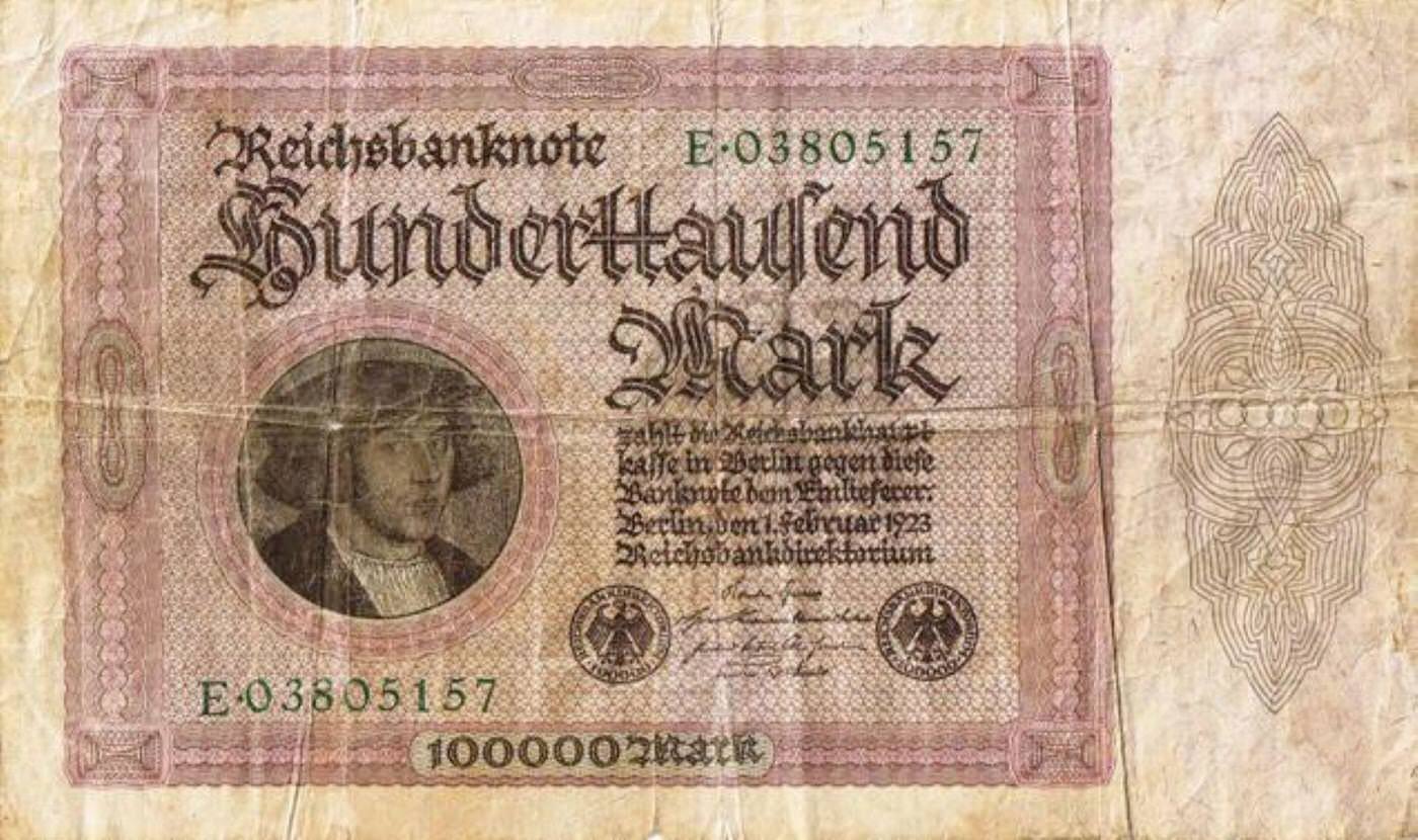 Hyperinflation in Germany after World War I, 100,000 Reichsmark note, 1923.