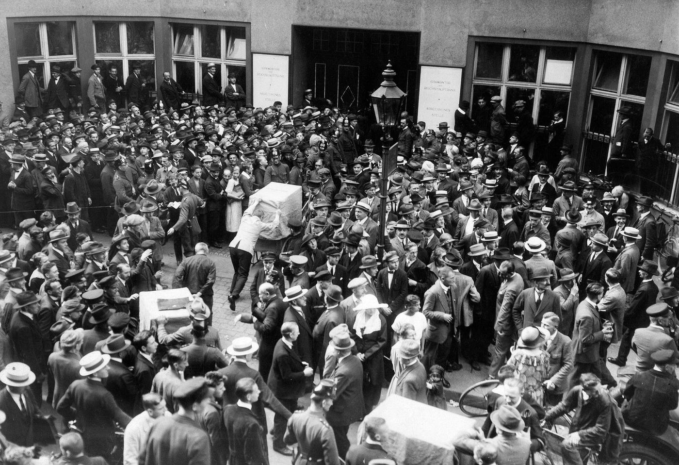 Crowds at Reichsbank during Weimar Republic's hyperinflation, 1923.