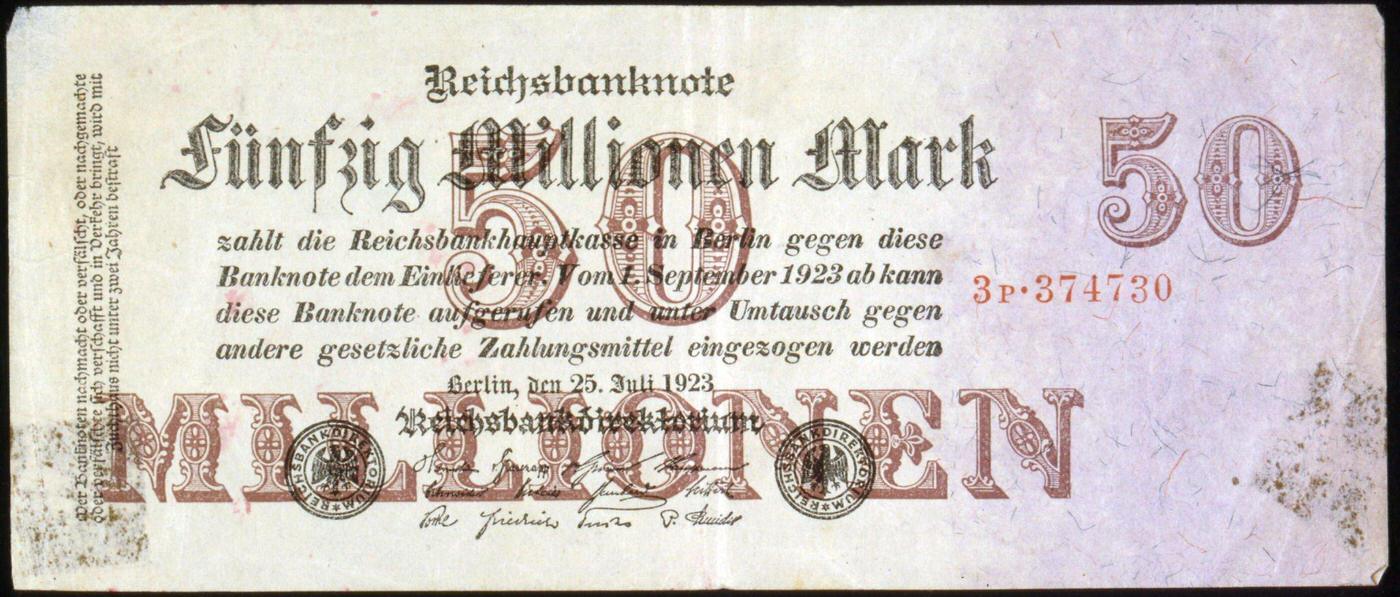 50,000,000 Mark banknote issued in Germany during hyperinflation, 1923.