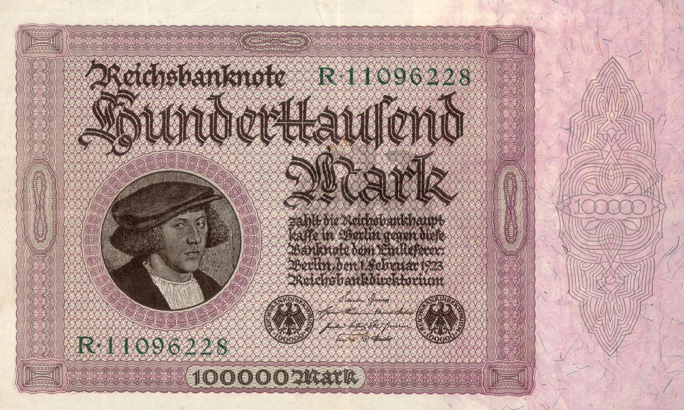 One hundred thousand Mark banknote, example of Weimar Republic's hyperinflation, February 1923.
