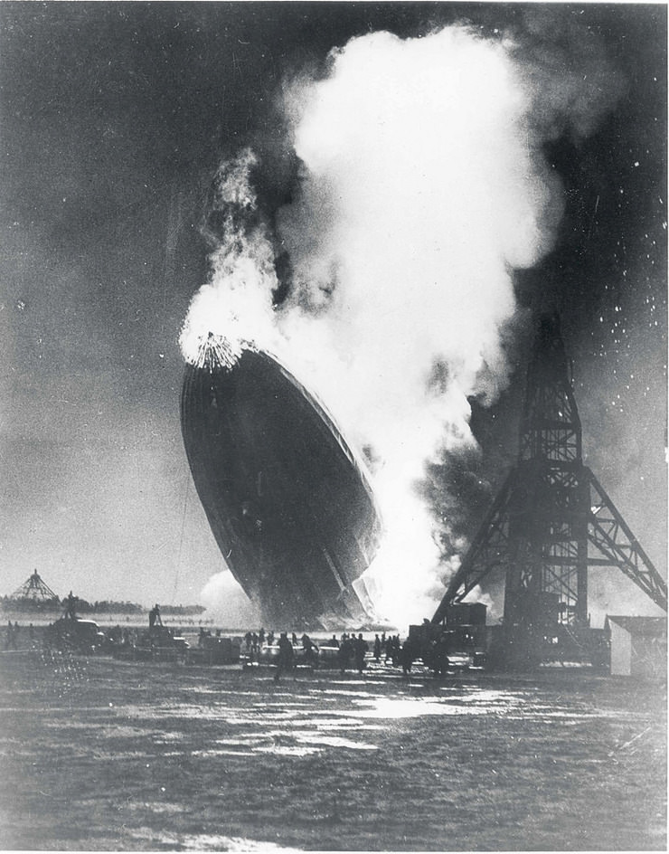 The crash of the German Zeppelin Hindenburg in Lakehurst, NJ, May 6, 1937