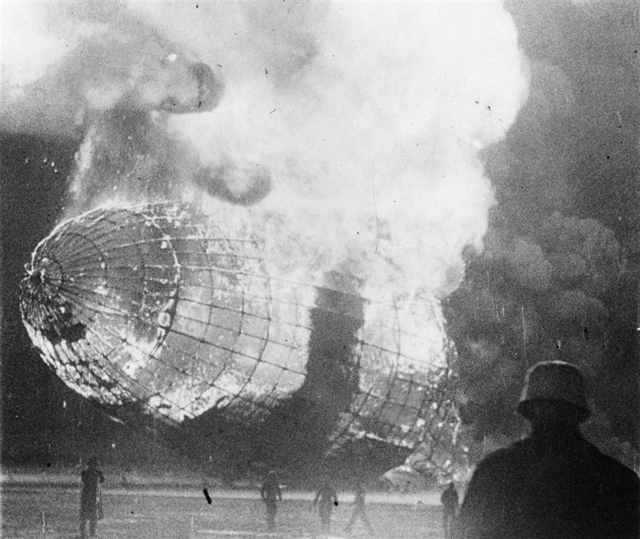 The Hindenburg in flames on its arrival at Lakehurst, New Jersey, May 6, 1937