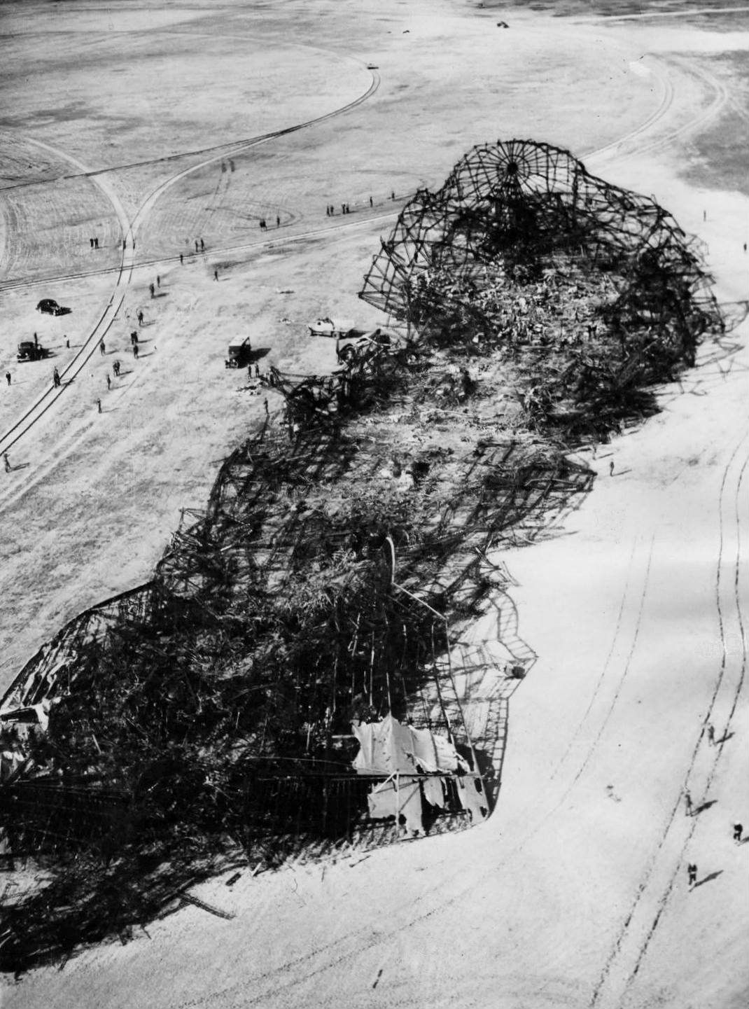 The wreckage of the Hindenburg the morning after the crash