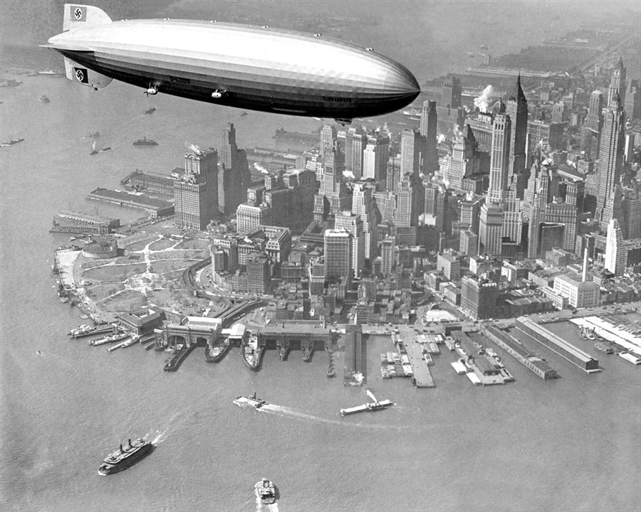 The Zeppelin Hindenburg flying over Manhattan, April 1, 1936