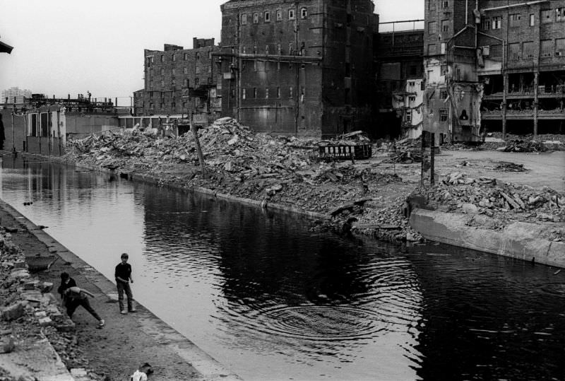 Chucking rock in Leeds Liverpool Canal, 1980s