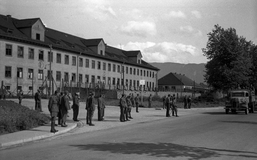 The entrance to Oflag VII-A in Murnau, taken on the day the camp was liberated by American forces on April 29, 1945. To the left of the vehicle is where the two Germans were shot and killed.