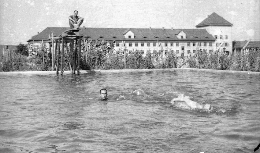Some photos, like this one of a swimming pool, almost give the impression that Oflag VII-A was a wellness retreat center, not a prisoner-of-war camp. But the photo does not reveal whether the camp's prisoners were allowed to swim, or if it was permitted only for the guards.