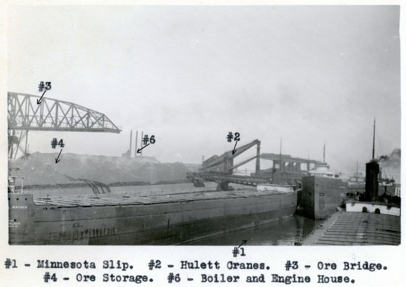 NYCRR Dock No. 1. Minnesota Slip, Hulett Cranes, Ore Bridge, Ore Storage, Boiler and Engine House, 1924