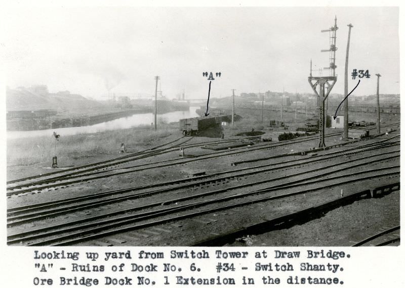 Looking up yard from Switch Tower at Draw Bridge, 1924.