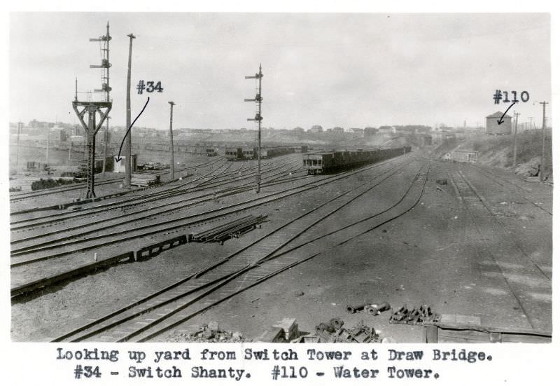 Looking up yard from Switch Tower at Draw Bridge, 1924