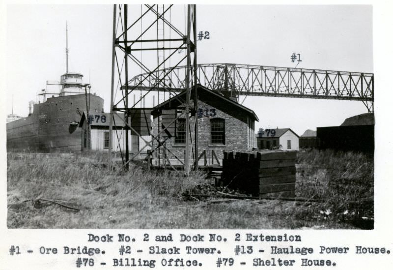 NYCRR Dock No 2 and Dock No. 2 Extension. Ore Bridge, Slack Tower, Haularge Power House, Billing Office, Shelter House, 1924