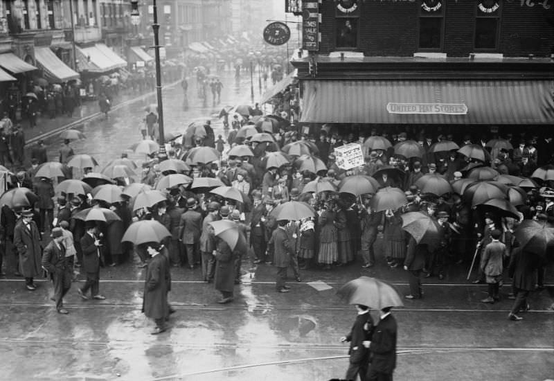 Labor parade in rain, 1909.