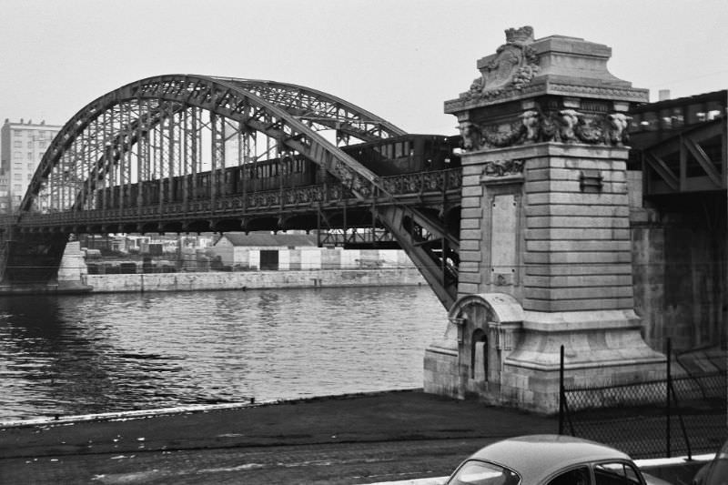 Metro crosses the Seine, Paris, December 1969