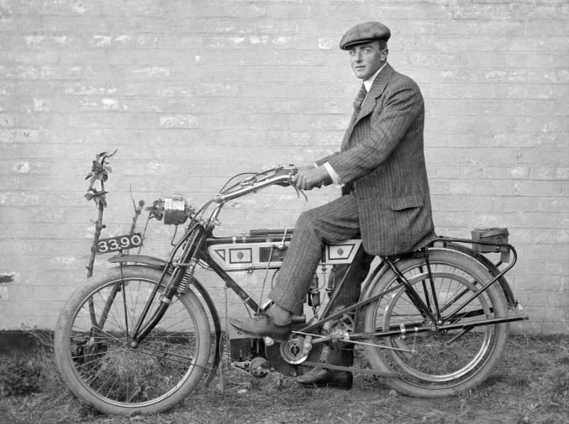 Man a circa 1908 3 1/2 horsepower Bradbury motorcycle, somewhere in Victoria, Australia, 1908