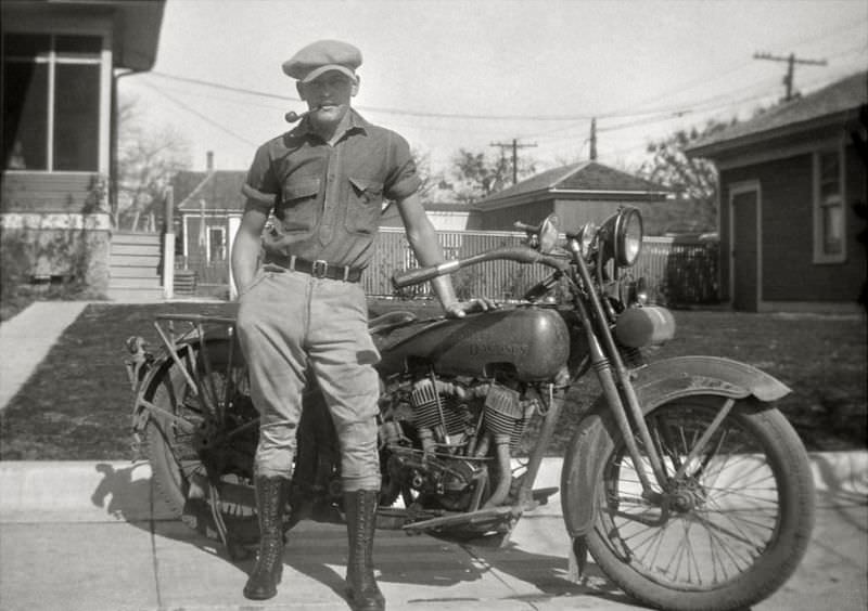 Man with his Harley-Davidson, 1920s