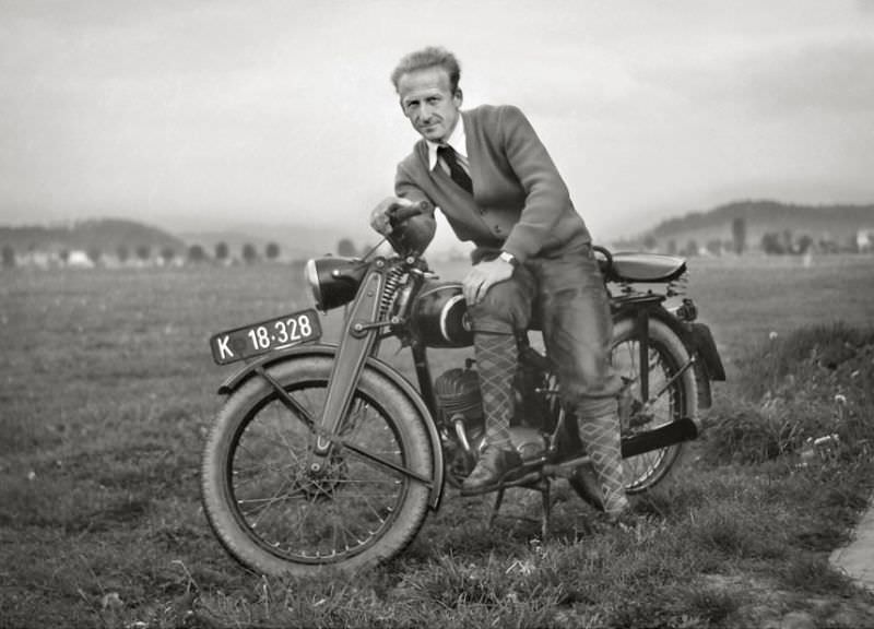 Puch motorcycle and rider, somewhere in Austria, circa 1930s