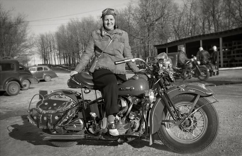 A Harley-Davidson and rider, somewhere in Wisconsin, circa 1940s