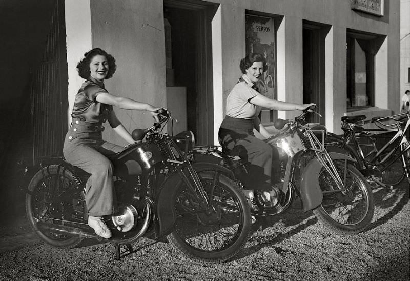 Ladies on Meister motorcycles, circa 1940s
