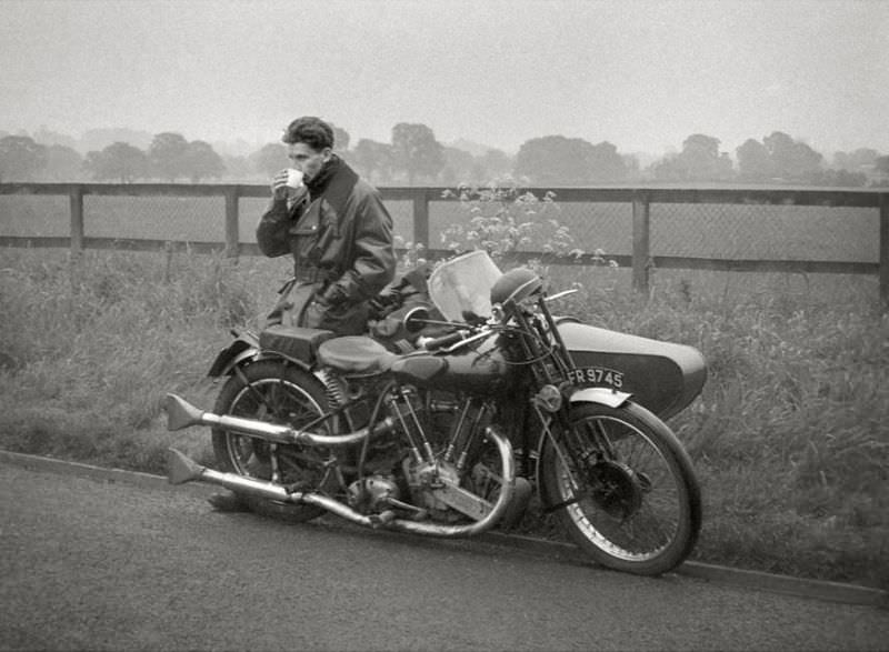 Brough motorcycle and sidecar, on the Isle of Man, 1955