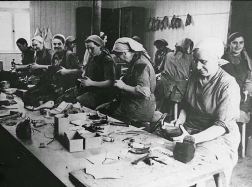 Women prisoners at work in the shoe repair workshop of Ravensbrück.