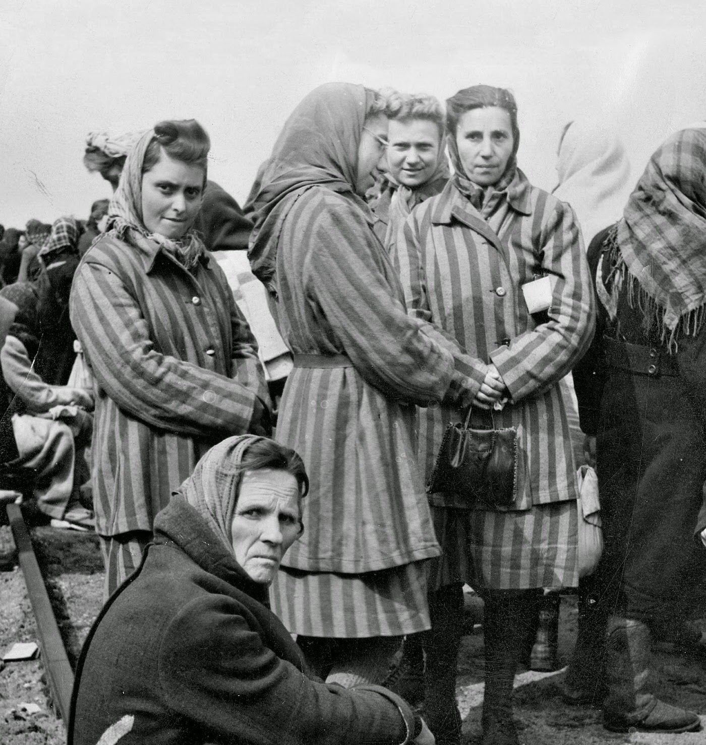 Female Jewish prisoners who have recently been released from Ravensbrück, cross the Danish border at the Padborg station on their way to Sweden.