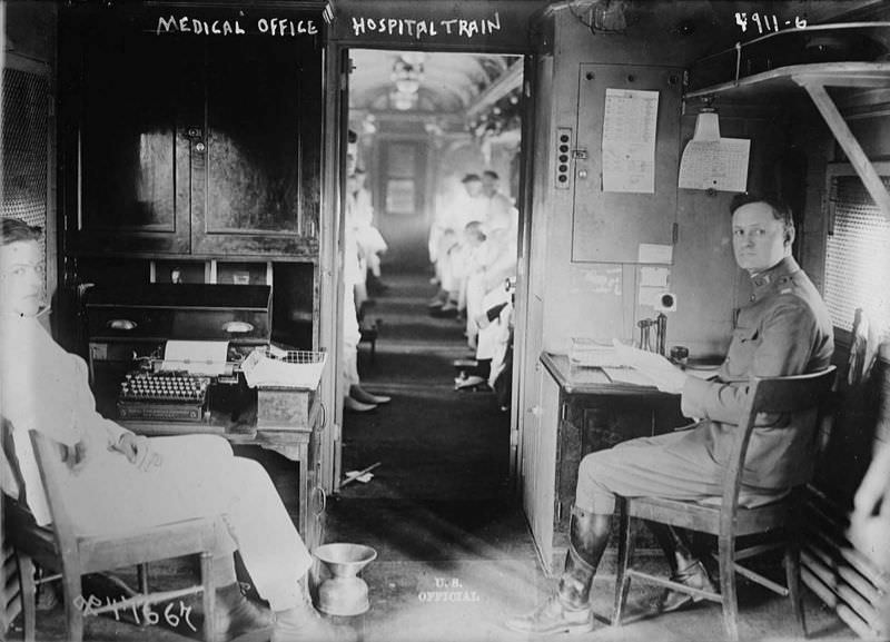 Medical office in a hospital train, circa 1900.