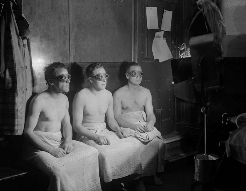Members of the Arsenal Football team have sunlight treatment, 1931.