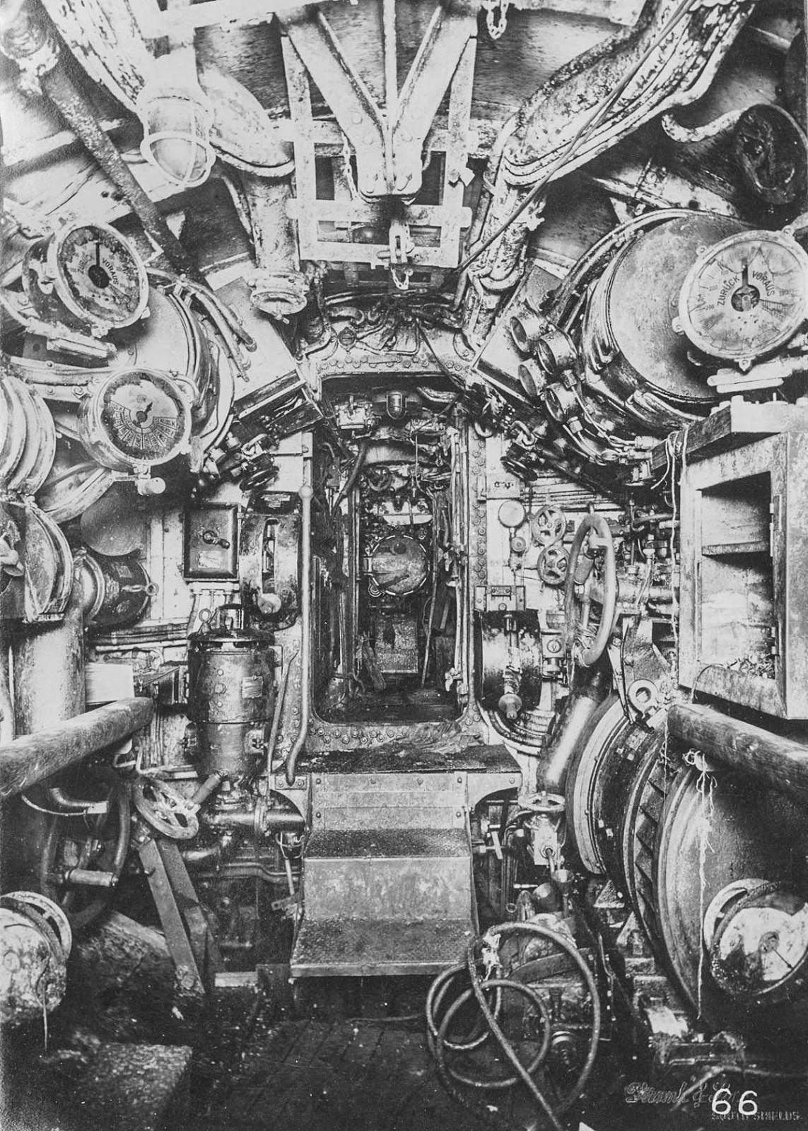 Electric control room, looking aft to motor room and stern torpedo room.
