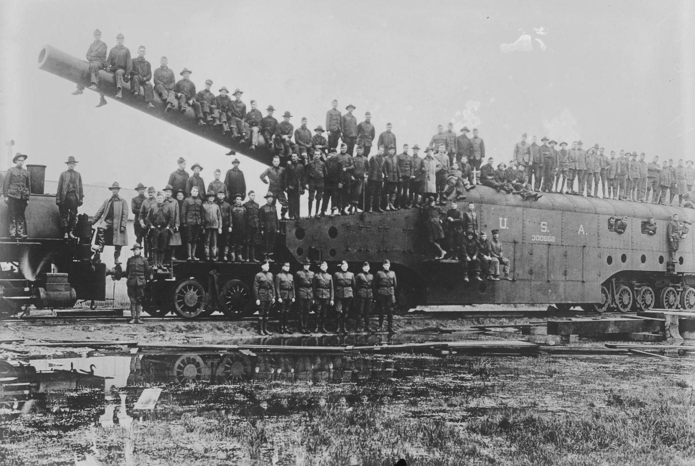 US military ordinance on a railway artillery train in France during World War I, 1918.