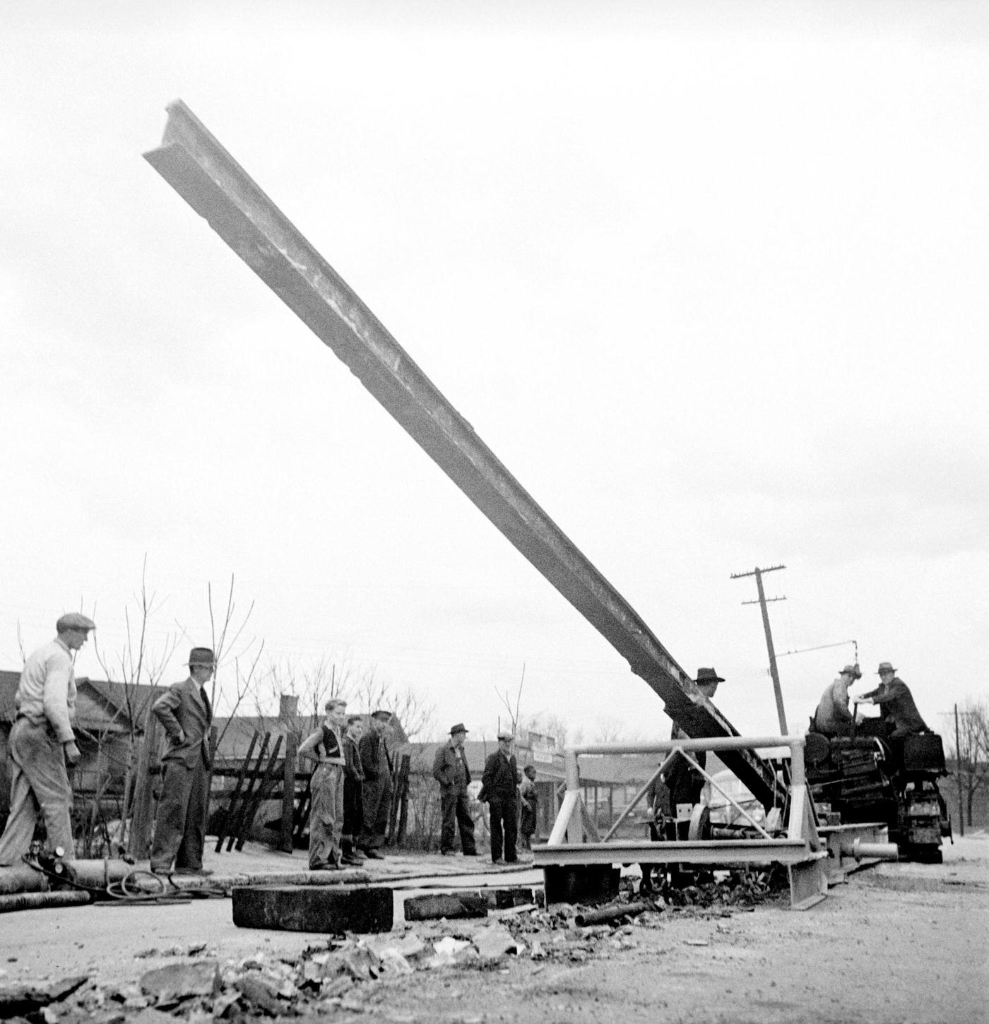 Buried trolley tracks being salvaged for war efforts in the United States, 1919.